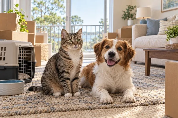 Cat and dog relaxing beside moving boxes and a pet carrier in a bright apartment living room.